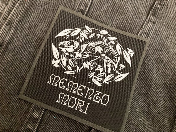 Memento Mori - silver screen print fabric patch 10cm- goth, rabbit lover gift, punk, skull, occult, patches for jackets, rabbit skelet