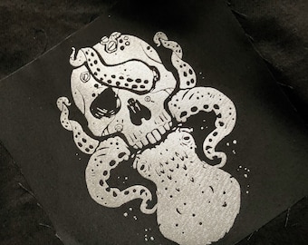 Ocean bounty- 20cm back patch silver screen print fabric - goth, octopus lover gift, punk, occult, satanic, patches for jackets, sow, pirate