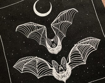 Midnight bats silver screen print back patch - goth, punk, skull, occult, patches for jackets, bat lover gift, sow on, vampire, creepy-