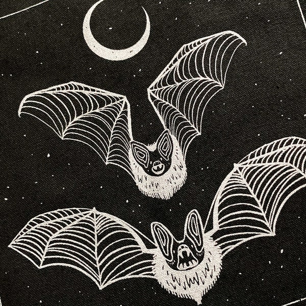 Midnight bats silver screen print back patch - goth, punk, skull, occult, patches for jackets, bat lover gift, sow on, vampire, creepy-