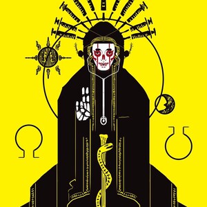May include: A black and yellow illustration of a figure wearing a crown of syringes and a robe with a snake staff. The figure has a red and white skull face with a red mouth. The background is yellow.