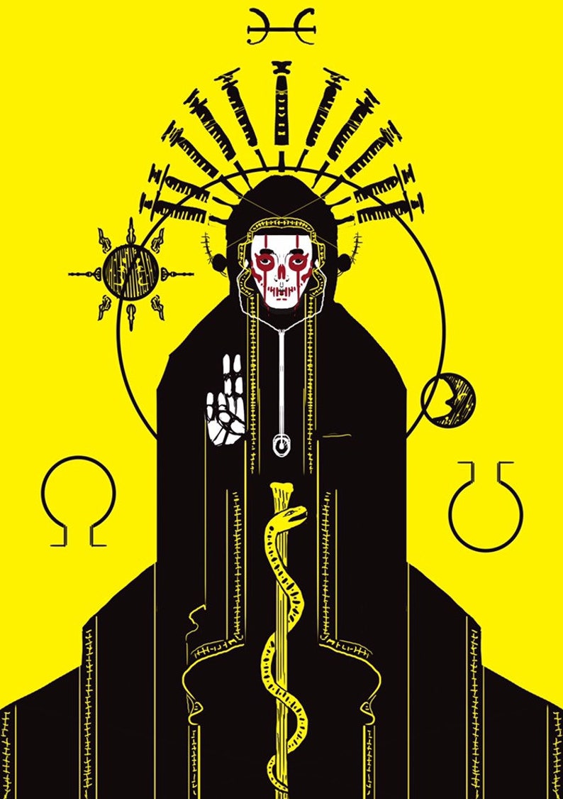 May include: A black and yellow illustration of a figure wearing a crown of syringes and a robe with a snake staff. The figure has a red and white skull face with a red mouth. The background is yellow.