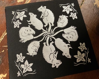 Rat King- 20cm back patch silver screen print fabric - goth, rat lover gift, punk, occult, satanic, patches for jackets, plague, sow on