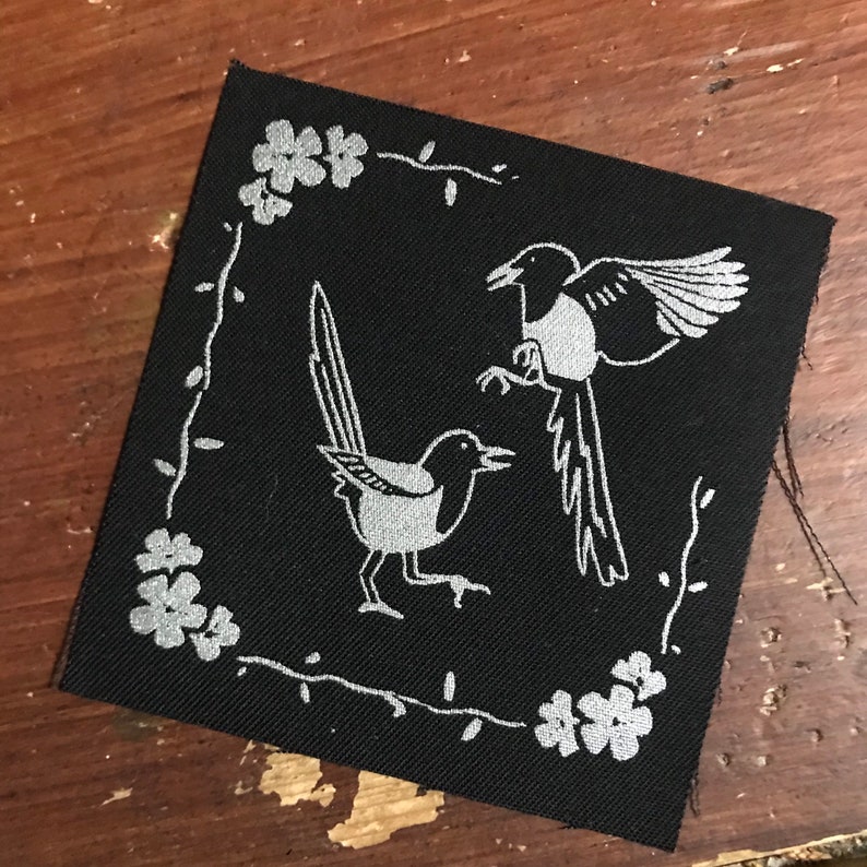 bird lover patches for jackets plague Two for joy- silver screen print fabric patch 8x8cm- goth crows sow on magpie lover gift punk
