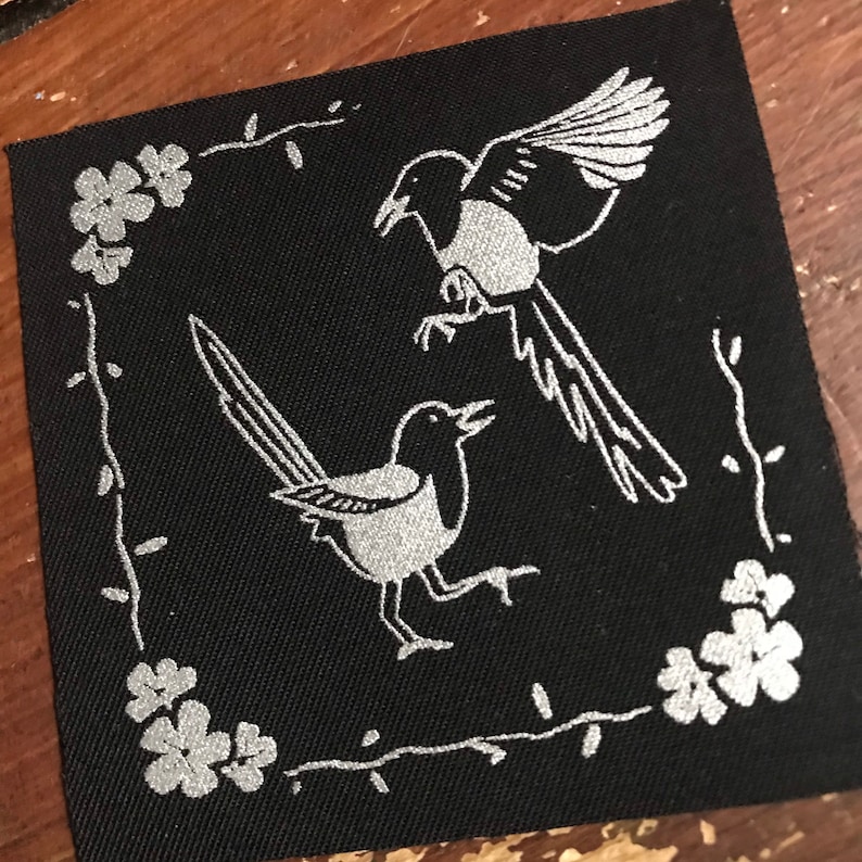 bird lover patches for jackets plague Two for joy- silver screen print fabric patch 8x8cm- goth crows sow on magpie lover gift punk