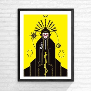 May include: A black and white illustration of a figure wearing a black hooded robe and a skull mask. The figure is holding a staff with a snake wrapped around it. The background is yellow with symbols and a circle around the figure.