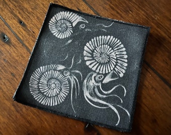 Ammonites- 10x10 denim patch- fossil patch, paleo and palaeontology lovers gift!  finished edges- battle jacket, punk, goth, Black and white