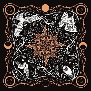 May include: A black and white illustration of a sun with a swirling pattern inside. The sun is surrounded by four birds and branches with leaves. The background is black with a white border.