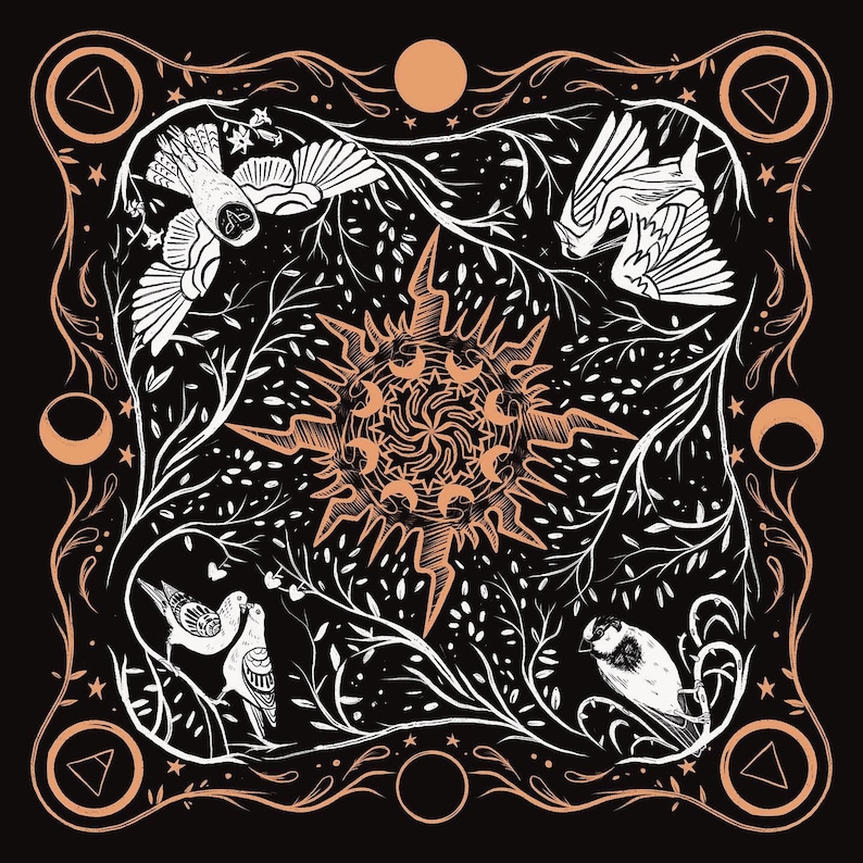 May include: A black and white illustration of a sun with a swirling pattern inside. The sun is surrounded by four birds and branches with leaves. The background is black with a white border.
