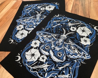 Lunar moth screen printed XL back patch-Gothic accessories, occult,  moon and flowers, horror, large patch, statement, punk, sow on, goth