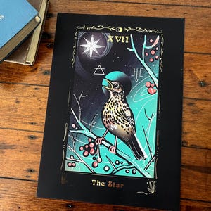 Impresión de tarot en lámina de La Estrella XVII: impresión artística de lujo A4 (8 x 11 pulgadas), esotérico, tordo, decoración gótica, regalo para amantes de las aves, ornitología oculta