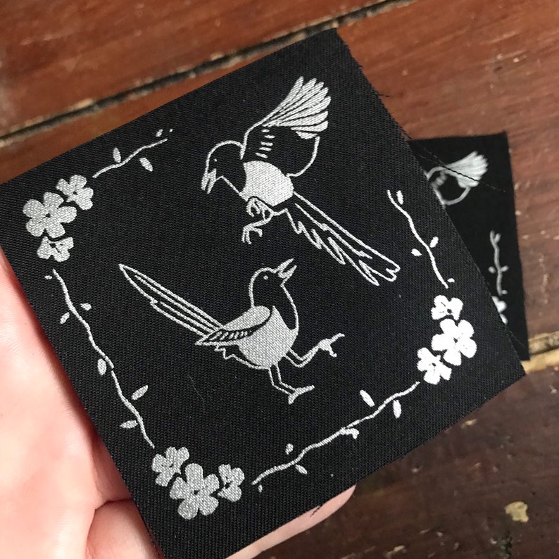 bird lover patches for jackets plague Two for joy- silver screen print fabric patch 8x8cm- goth crows sow on magpie lover gift punk