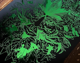 Green Man foiled A3 art print - foliage artwork, British folklore,  foliate, occult decor, gifts for goths, nature, pagan folk art