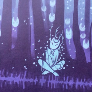 May include: A white, stylized figure with antlers sits in a purple forest with white glowing orbs floating around it.