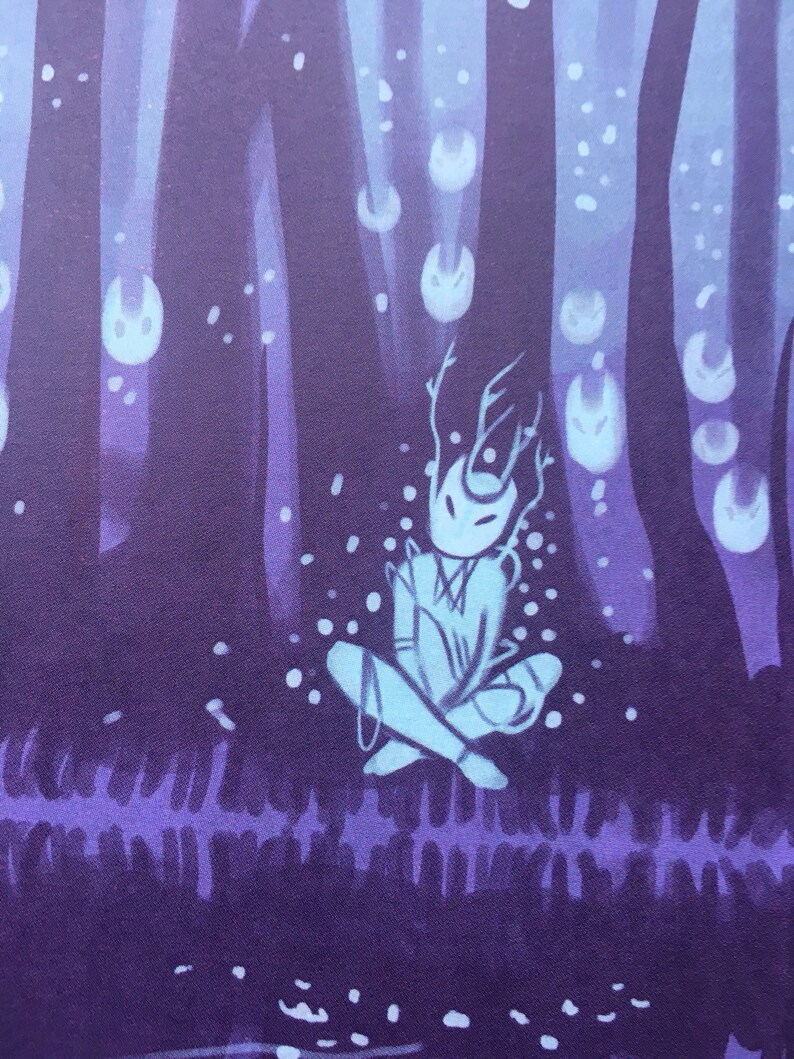 May include: A white, stylized figure with antlers sits in a purple forest with white glowing orbs floating around it.