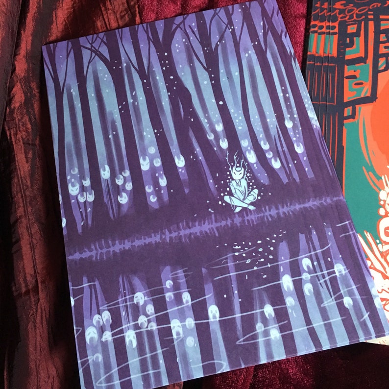 May include: A purple and white illustration of a forest with a small figure sitting in the middle of the scene. The figure is surrounded by glowing white orbs. The forest is depicted with a dark purple background and white trees.