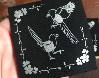 Two for joy- silver screen print fabric patch 8x8cm- goth, magpie lover gift, punk, bird lover, crows, patches for jackets, plague, sow on
