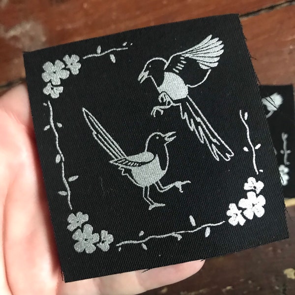 Two for joy- silver screen print fabric patch 8x8cm- goth, magpie lover gift, punk, bird lover, crows, patches for jackets, plague, sow on