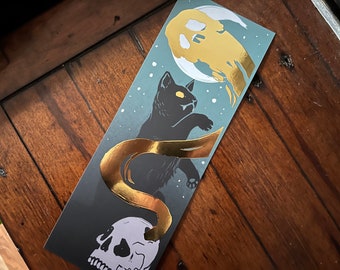 Witch’s Cat - Deluxe  gold foil art print 30x10.5cm (12x4 inches) occult, cat síth, Gothic, horror, black cats, ghost, gothic decor, goth