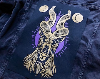 Solis Goat screen printed XL Back patch- Gothic accessories, occult, ram, cotton patch, sow on, large, baphomet, horror, goat gifts, punk