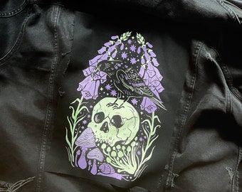 Night Garden screen printed XL back patch-Glow in the dark,Gothic accessories, occult, skull and flowers, horror, large, statement, sow on,