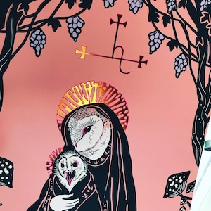 Impression d'art Vierge à l'enfant A3 en or rose - Décoration occulte de luxe, cadeaux pour gothiques, art horrifique, Memento Mori, Lilith, chouette effraie des clochers, art sombre