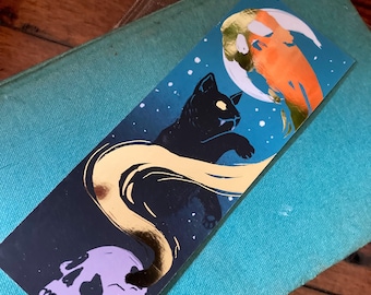 Deluxe gold foil witches cat bookmark (148x 52cm) gold painted edges, gothic accessories, book lover gift, horror, goth, cat sìth, folklore
