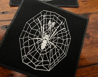 Caught in her web- silver screen print fabric patch 10x10cm- goth, bug lover gift, punk, spider, cobweb, patches for jackets, sow on