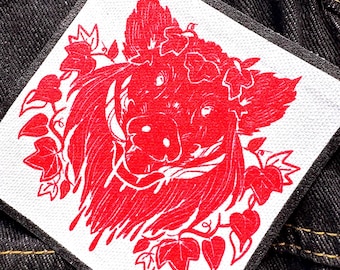 Great Boar - screen print fabric patch 13x5 cm- goth, punk, patches for jackets, sow on, witchy, nature lover gift, wildlife, folklore