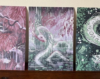 Dragons of land and sea triptych- A5 art prints (210mmx148mm) set of three, dragon and fantasy lover gift, dnd, pastel pink green, cottage