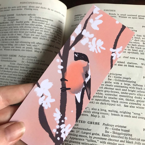 Zakładka do książek z gilem, dwustronna - 52 x 148 mm - prezent dla miłośnika książek, ptak ogrodowy, zięba, brytyjskie ptaki, obserwacja ptaków, akcesoria do książek, urocze zięby