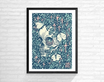 Nature's Garden- A3 (11.69x16.53 inches) art print- butterflies, fuschias, skull, gothic poster, decor, gift ideas, horror, morris, poster