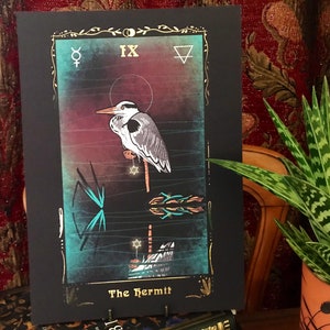 Impresión de tarot en papel de aluminio The Ermitaño IX: impresión artística de lujo A4 (8 x 11 pulgadas), esotérica, garza, decoración gótica, regalo para amantes de las aves, ornitología oculta