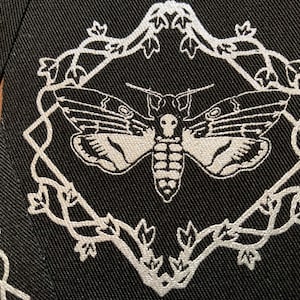 Deaths Head Hawkmoth- silver screen print fabric patch 8x8cm- goth, moth lover gift, punk, skull, occult, patches for jackets, sow on
