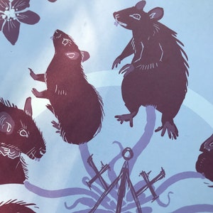 May include: A purple and blue illustration of four rats surrounding a purple and blue stylized symbol. The rats are in various poses, some are looking up, some are looking down, and some are looking to the side. The symbol is in the center of the image and is surrounded by a purple and blue swirl.