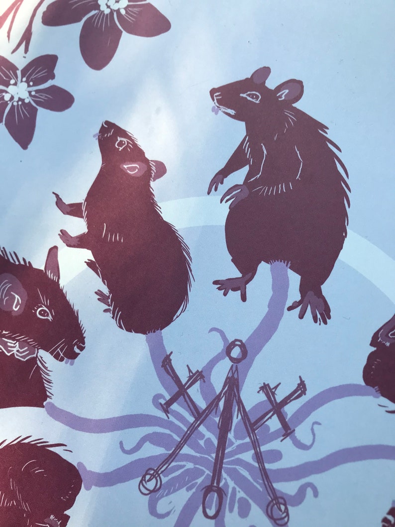 May include: A purple and blue illustration of four rats surrounding a purple and blue stylized symbol. The rats are in various poses, some are looking up, some are looking down, and some are looking to the side. The symbol is in the center of the image and is surrounded by a purple and blue swirl.