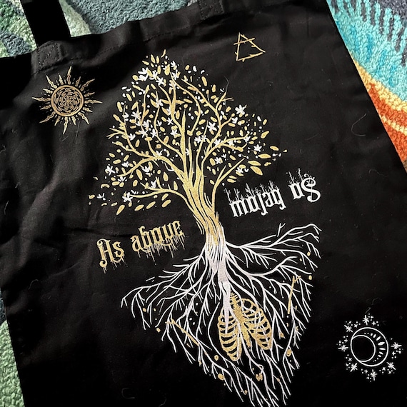 As Above So Below screen printed 100% Cotton tote bag- Gothic accessories, occult, shopper, goth lover gift, horror, reusable shopper, tree