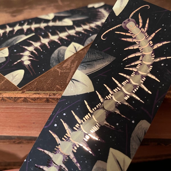 Deluxe leggy boy centipede bookmark (148x 52cm) gold painted edges, gothic accessories, book lover gift, snails, slugs, bugs, goblincore