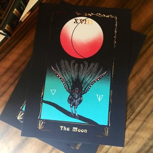 De Moon XVIII folie tarot print- deluxe A4 art print (8x11 inch) esoterische, lyrebird, gotische decor, vogelliefhebber cadeau, occulte ornithologie
