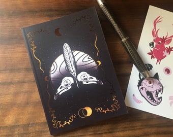 Occult ornithology deluxe foiled notebook - A6 (4.1x5.8 inches) dotted -or- blank inside- gothic stationary, bird lover gift, esoteric, gold