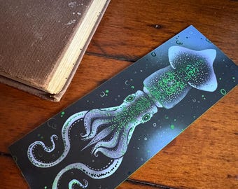 Green firefly squid bookmark (148x 52cm) Green painted edges, gothic accessories, book lover gift, cephalopods, cuttlefish, tentacles, ocean