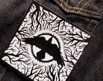 As the crow flies-  screen print fabric patch 10x10cm- goth, crow lover gift, punk, bird lover, crows, patches for jackets, black, sow on