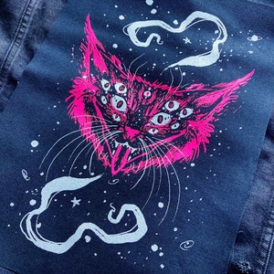 Space Puss screen printed XL back patch-Gothic accessories, occult, cat lover gift, horror, large patch, statement, punk, sow on, goth, pink