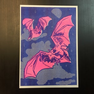 Neon pink vampire bats Riso print- A4 (8.3x11.7 inches) gothic decor, horror art, risograph, bat lover gift, biology, goth