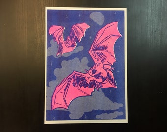 Neon pink vampire bats Riso print- A4 (8.3x11.7 inches) gothic decor, horror art, risograph, bat lover gift, biology, goth