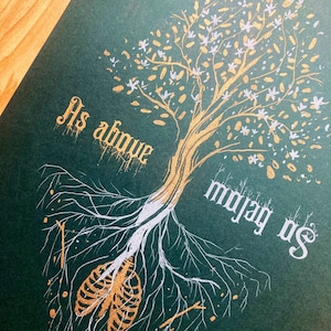 As Above, So Below A3 risograph print- metallic gold and silver ink, occult, horror art, gothic decor, alchemy, skeleton, memento mori