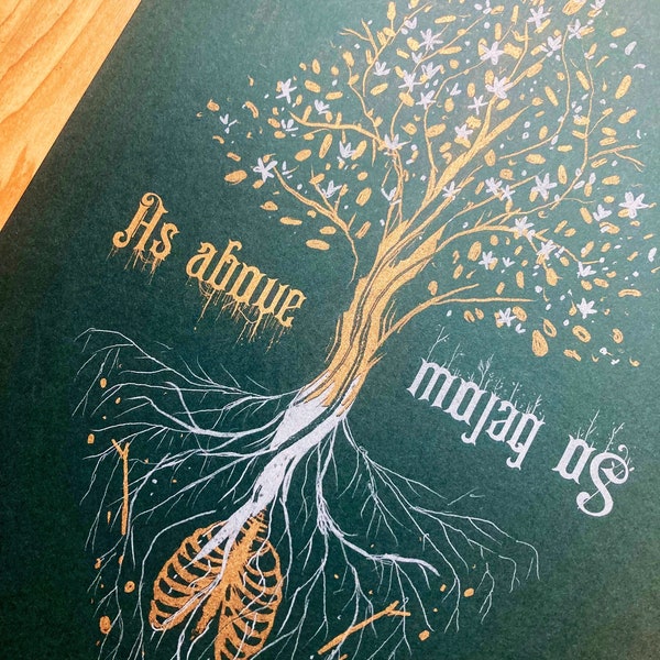 As Above, So Below A3 risograph print- metallic gold and silver ink, occult, horror art, gothic decor, alchemy, skeleton, memento mori