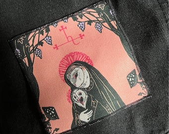 Madonna and child- 10x10 denim patch- finished edges- Lilith sigil, battle jacket, punk, goth, satanic, occult patches, pastel pink, owls