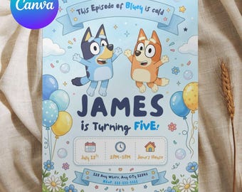 Bluey Birthday Invitation, Blue Puppy Party Invite, Editable Canva Template (Digital Download)