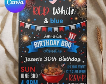 Printable labor day, 4th of July Birthday BBQ Patriotic invitation - editable template
